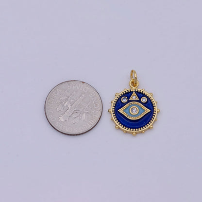 24K Gold Filled Eye Charm Dainty Enamel Blue Evil Eye On Medallion Shape Pendant Epoxy Gold Charm for Necklace Bracelet Component  E-124