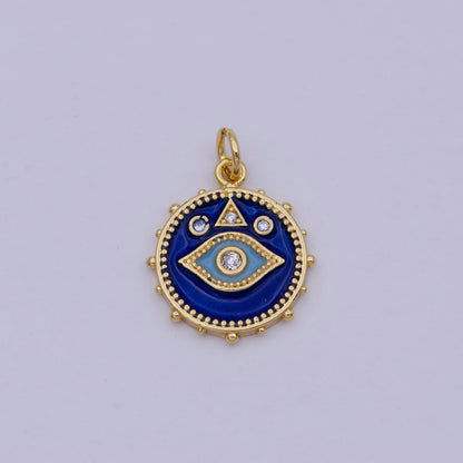 24K Gold Filled Eye Charm Dainty Enamel Blue Evil Eye On Medallion Shape Pendant Epoxy Gold Charm for Necklace Bracelet Component  E-124