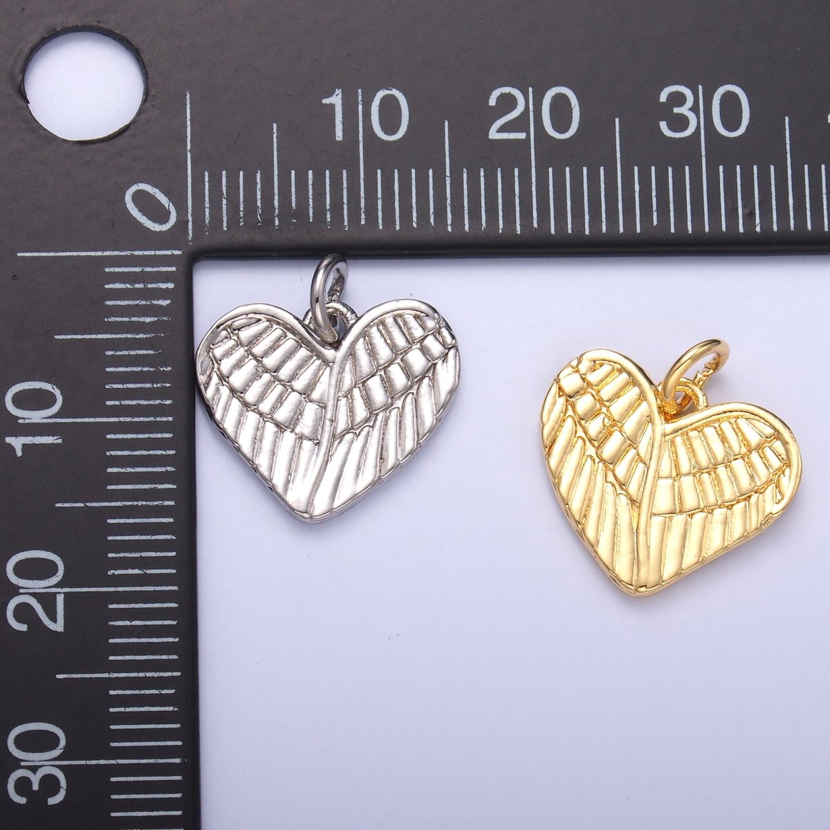24K Gold Filled 13mm Feather Wings Heart Charm in Gold &amp; Silver | C037