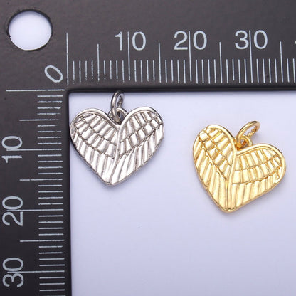 24K Gold Filled 13mm Feather Wings Heart Charm in Gold &amp; Silver | C037