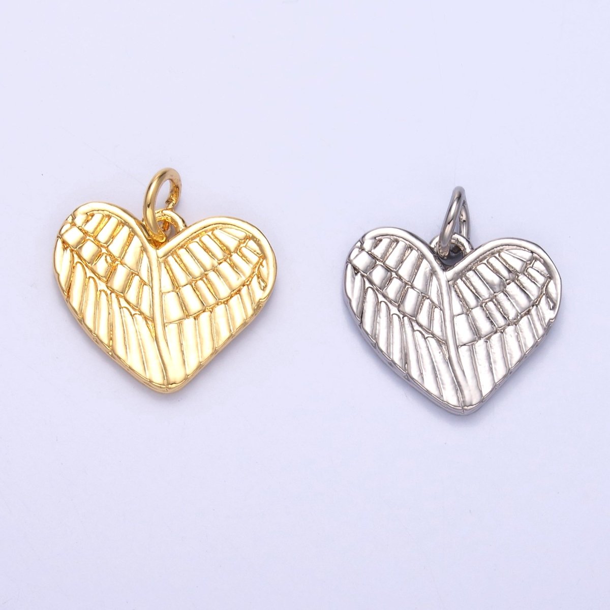 24K Gold Filled 13mm Feather Wings Heart Charm in Gold &amp; Silver | C037