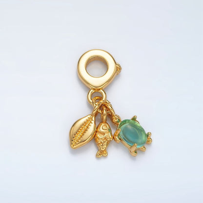 24K Gold Filled Fish Sea Shell CZ Rhondelle Bail Triple Ocean Drop Pendant | AC087