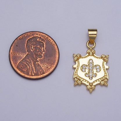 24K Gold Filled Fleur De Lis Clear Micro Paved CZ Crest Shield Pendant | AA077