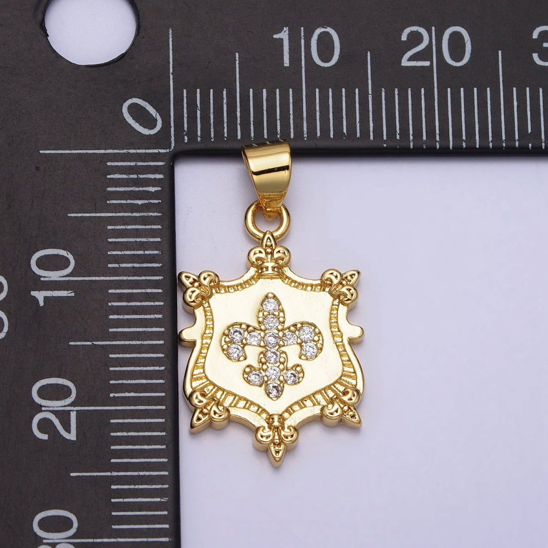 24K Gold Filled Fleur De Lis Clear Micro Paved CZ Crest Shield Pendant | AA077