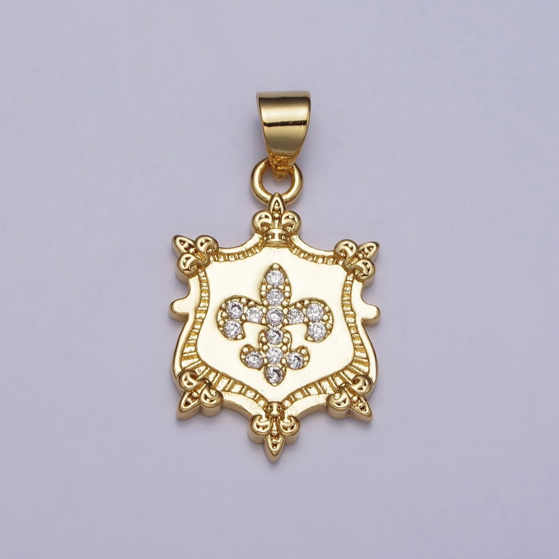 24K Gold Filled Fleur De Lis Clear Micro Paved CZ Crest Shield Pendant | AA077