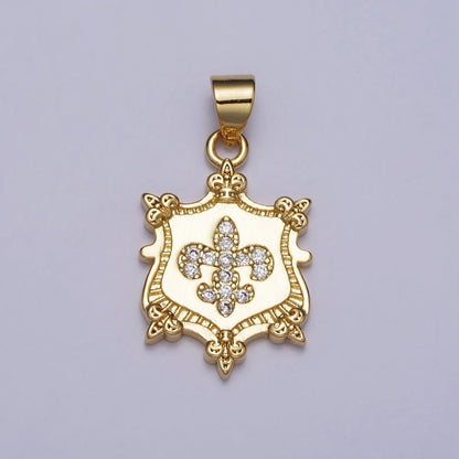 24K Gold Filled Fleur De Lis Clear Micro Paved CZ Crest Shield Pendant | AA077
