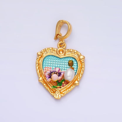 24K Gold Filled Flower Garden Heart Enamel Charm with Snap Bail Pendant | AA-1470