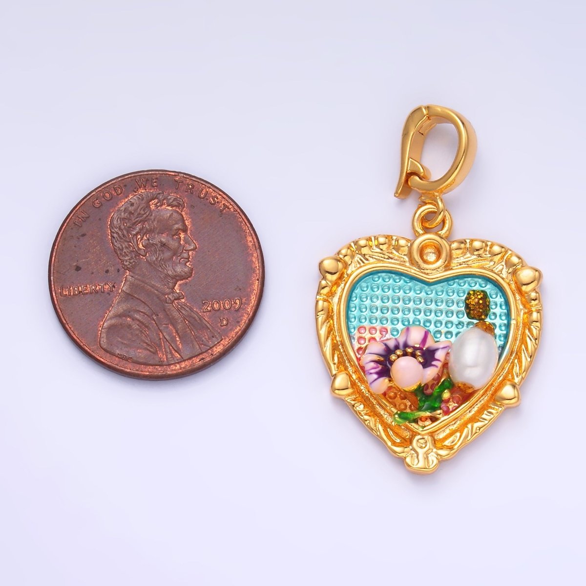 24K Gold Filled Flower Garden Heart Enamel Charm with Snap Bail Pendant | AA-1470