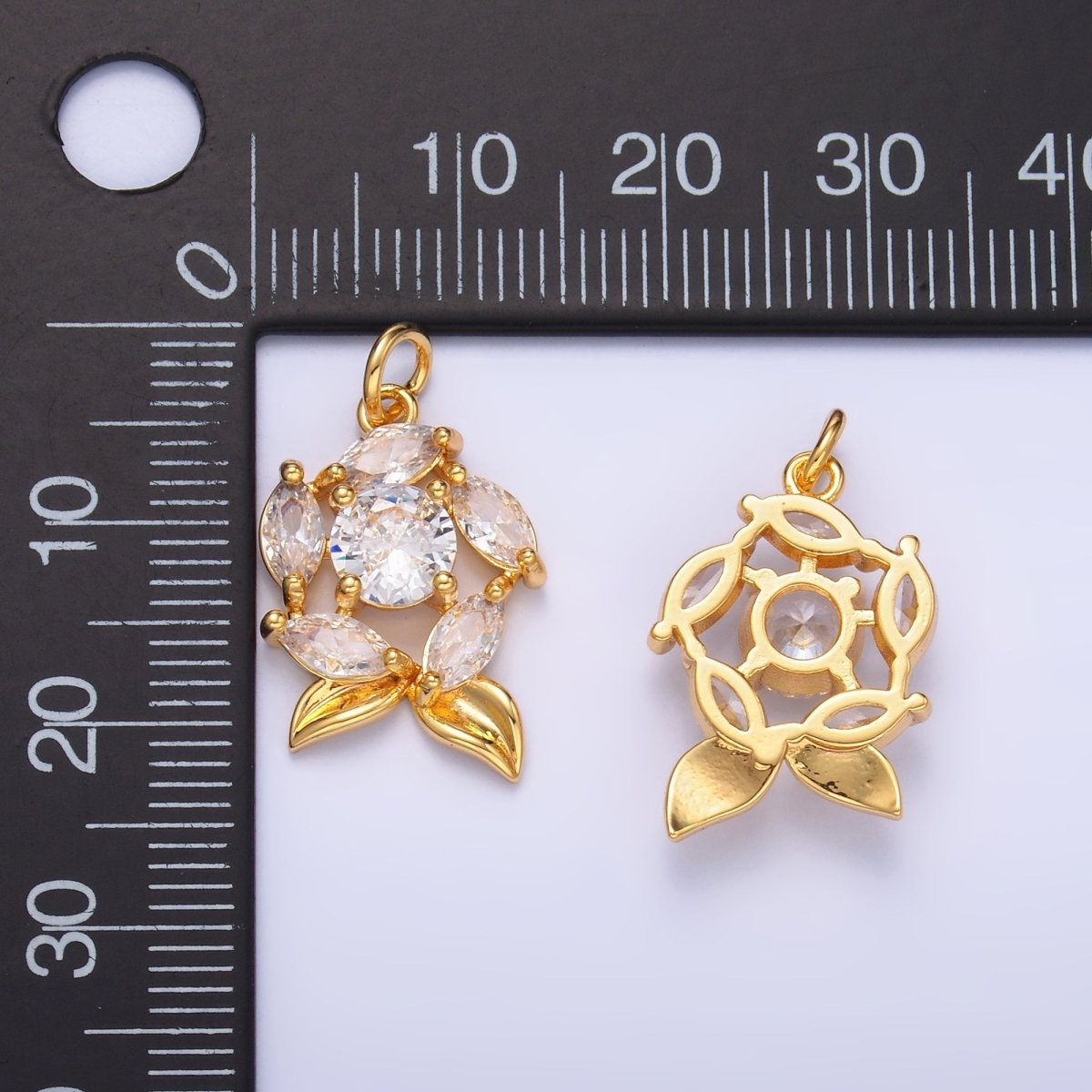 24K Gold Filled Flower Pendant Charm with Clear CZ Stone | X915