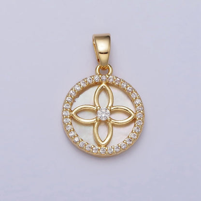 24K Gold Filled Flower Shell Pearl Clear Micro Paved CZ Round Pendant | AA115