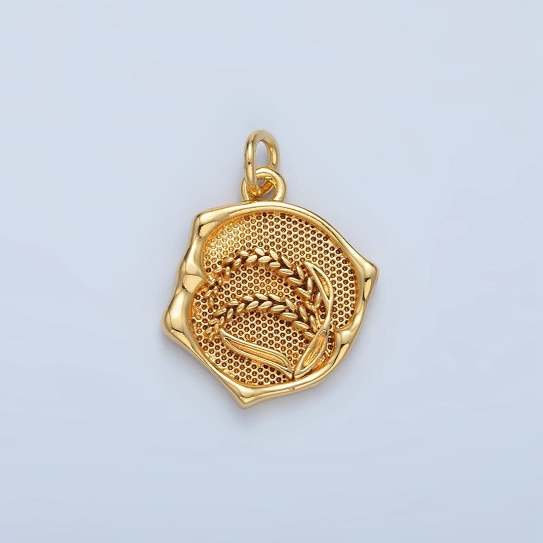 24K Gold Filled Flower Paddy Wheat Textured Stamped Round Charm | AG565