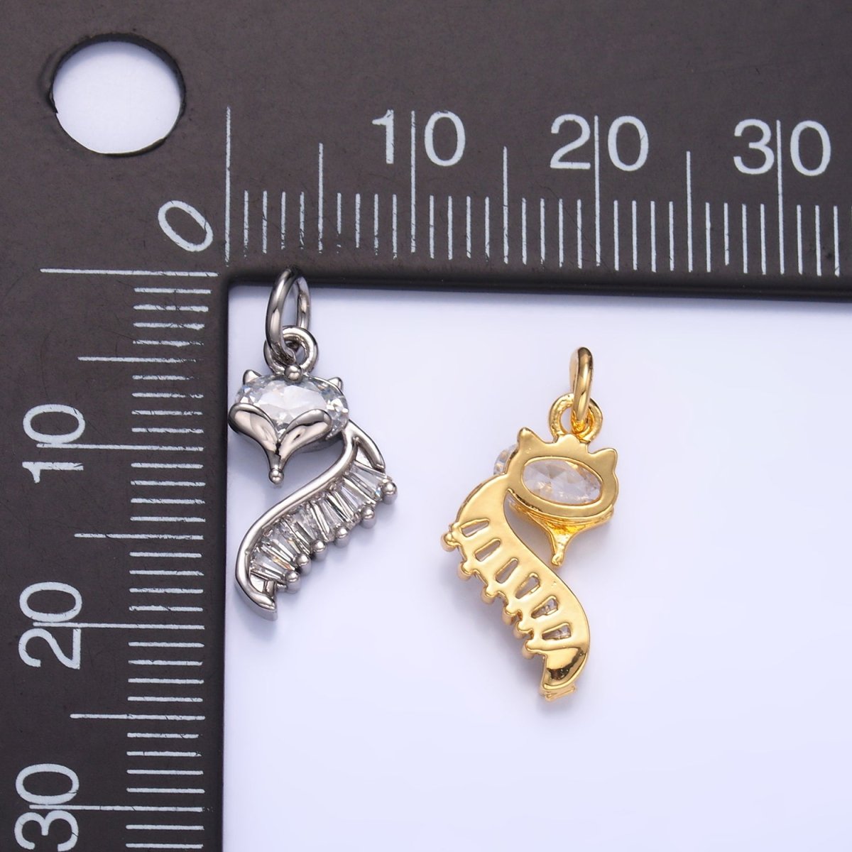 24K Gold Filled Fox Cat Baguette CZ Curve Silhouette Charm in Gold &amp; Silver | W447