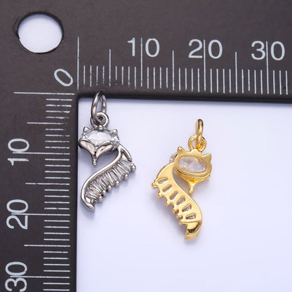 24K Gold Filled Fox Cat Baguette CZ Curve Silhouette Charm in Gold &amp; Silver | W447