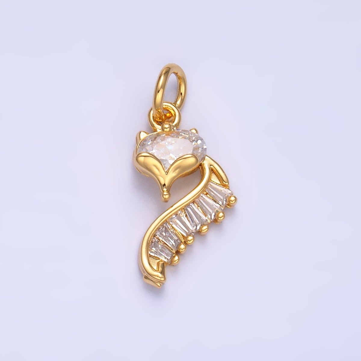 24K Gold Filled Fox Cat Baguette CZ Curve Silhouette Charm in Gold &amp; Silver | W447
