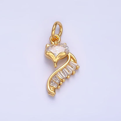 24K Gold Filled Fox Cat Baguette CZ Curve Silhouette Charm in Gold &amp; Silver | W447