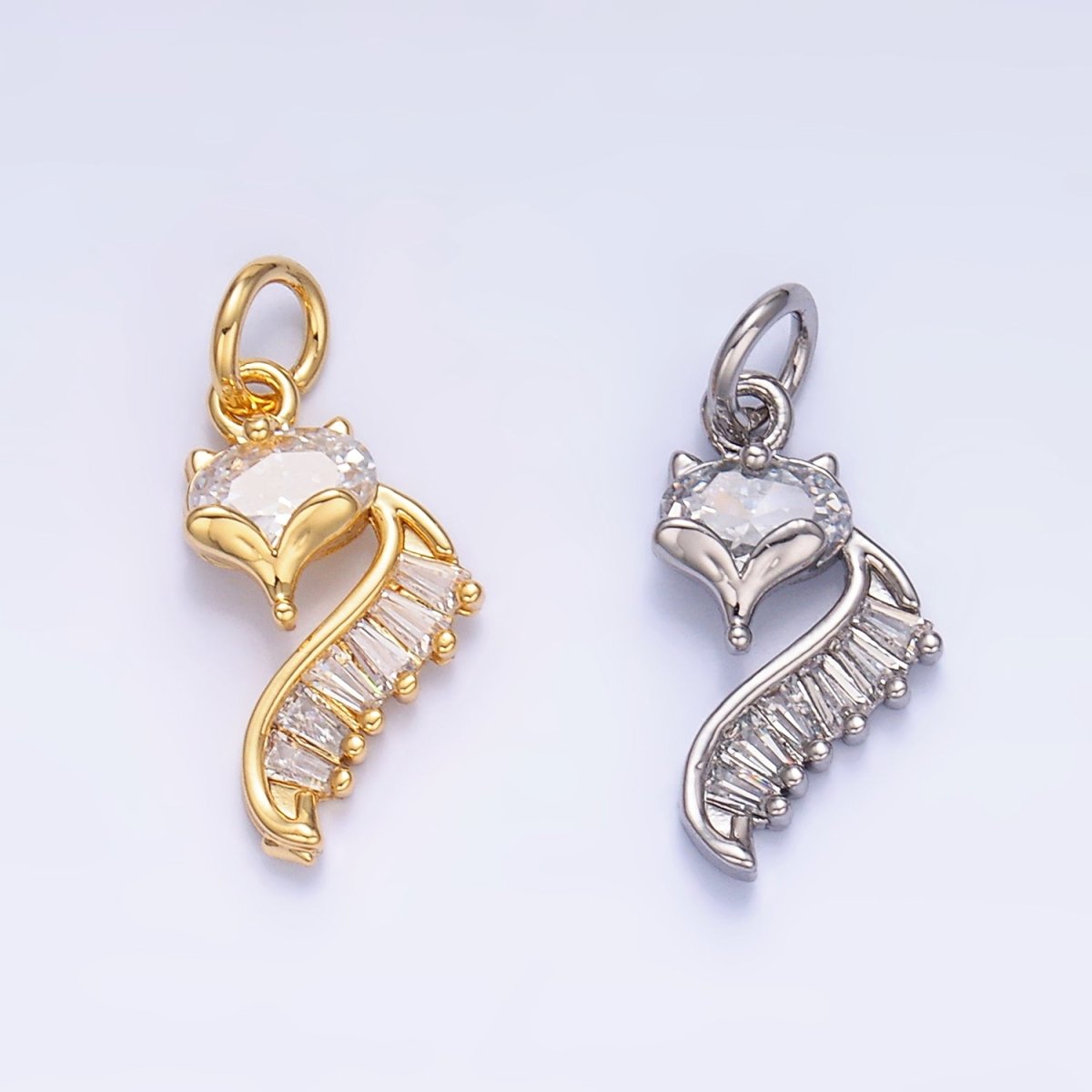 24K Gold Filled Fox Cat Baguette CZ Curve Silhouette Charm in Gold &amp; Silver | W447