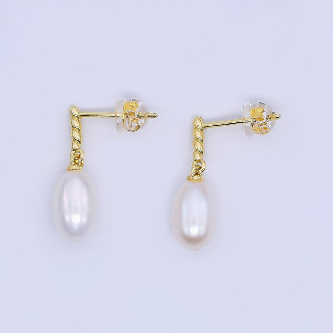 24K Gold Filled Freshwater Pearl Oval Twirly Drop Stud Earrings | Q-436