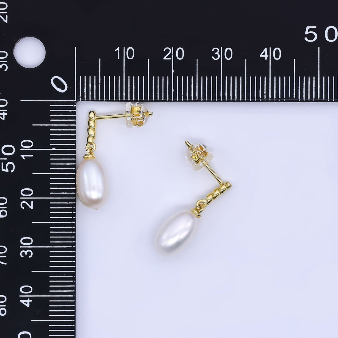 24K Gold Filled Freshwater Pearl Oval Twirly Drop Stud Earrings | Q-436