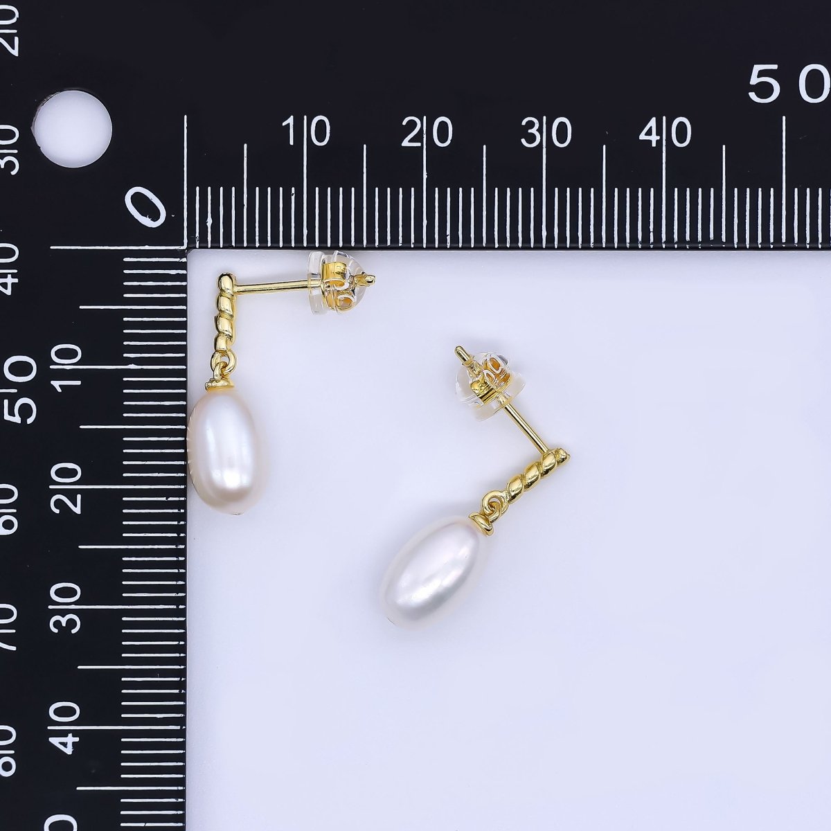 24K Gold Filled Freshwater Pearl Oval Twirly Drop Stud Earrings | Q-436