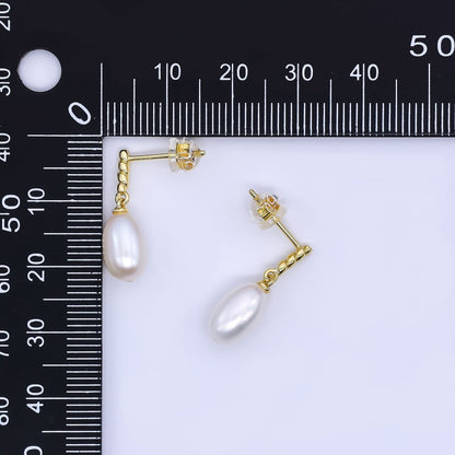 24K Gold Filled Freshwater Pearl Oval Twirly Drop Stud Earrings | Q-436