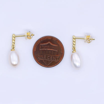 24K Gold Filled Freshwater Pearl Oval Twirly Drop Stud Earrings | Q-436