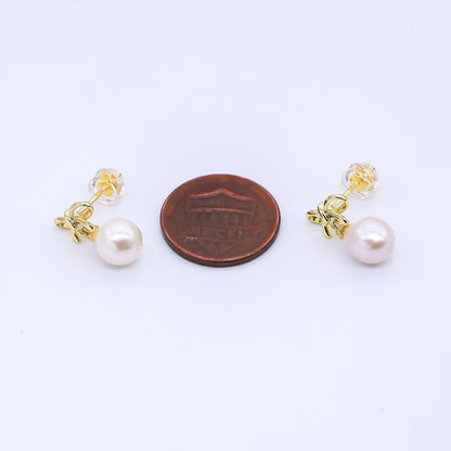 24K Gold Filled 10mm Freshwater Pearl Round Knot Bow Ribbon Drop Stud Earrings | Q417