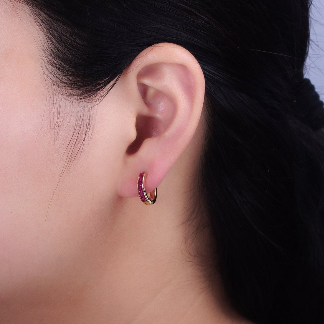 24K Gold Filled Fuchsia, Black Square CZ Lined Huggie Earrings in Gold &amp; Silver | AB1407 - AB1410