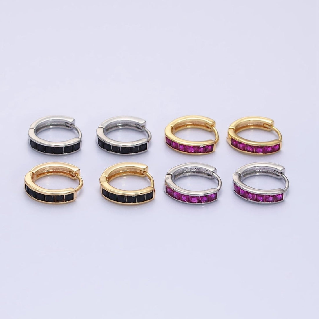 24K Gold Filled Fuchsia, Black Square CZ Lined Huggie Earrings in Gold &amp; Silver | AB1407 - AB1410