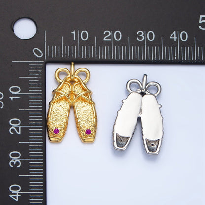 24K Gold Filled Fuchsia CZ Hammered Ribbon Coquette Ballet Dancing Shoes Pendant in Gold &amp; Silver | AA118