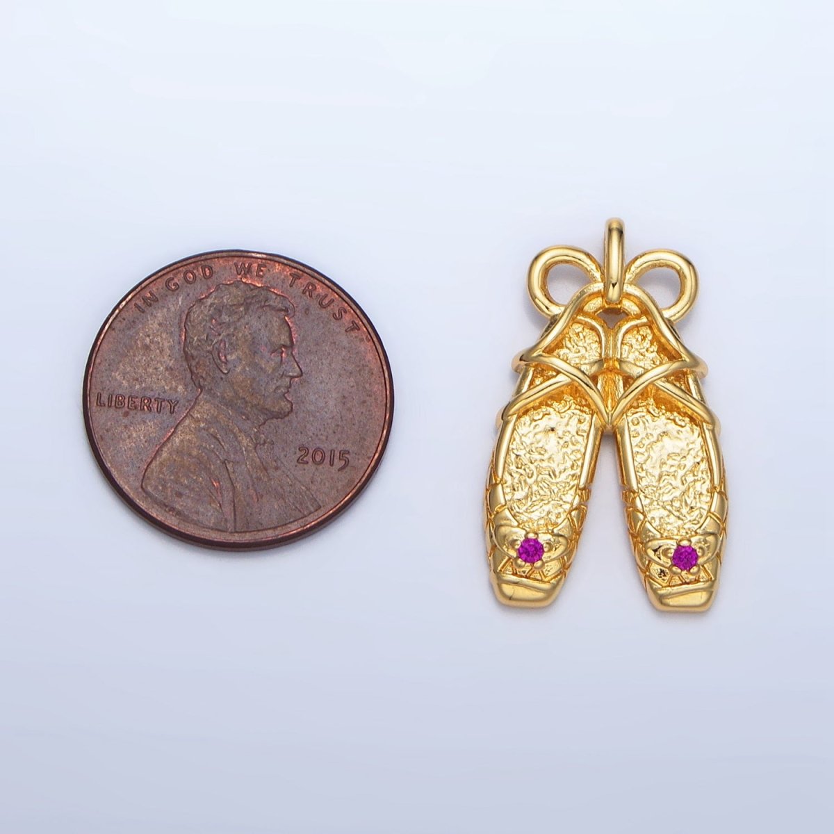 24K Gold Filled Fuchsia CZ Hammered Ribbon Coquette Ballet Dancing Shoes Pendant in Gold &amp; Silver | AA118