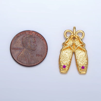 24K Gold Filled Fuchsia CZ Hammered Ribbon Coquette Ballet Dancing Shoes Pendant in Gold &amp; Silver | AA118