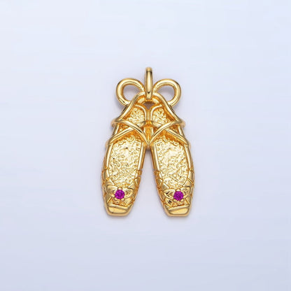 24K Gold Filled Fuchsia CZ Hammered Ribbon Coquette Ballet Dancing Shoes Pendant in Gold &amp; Silver | AA118