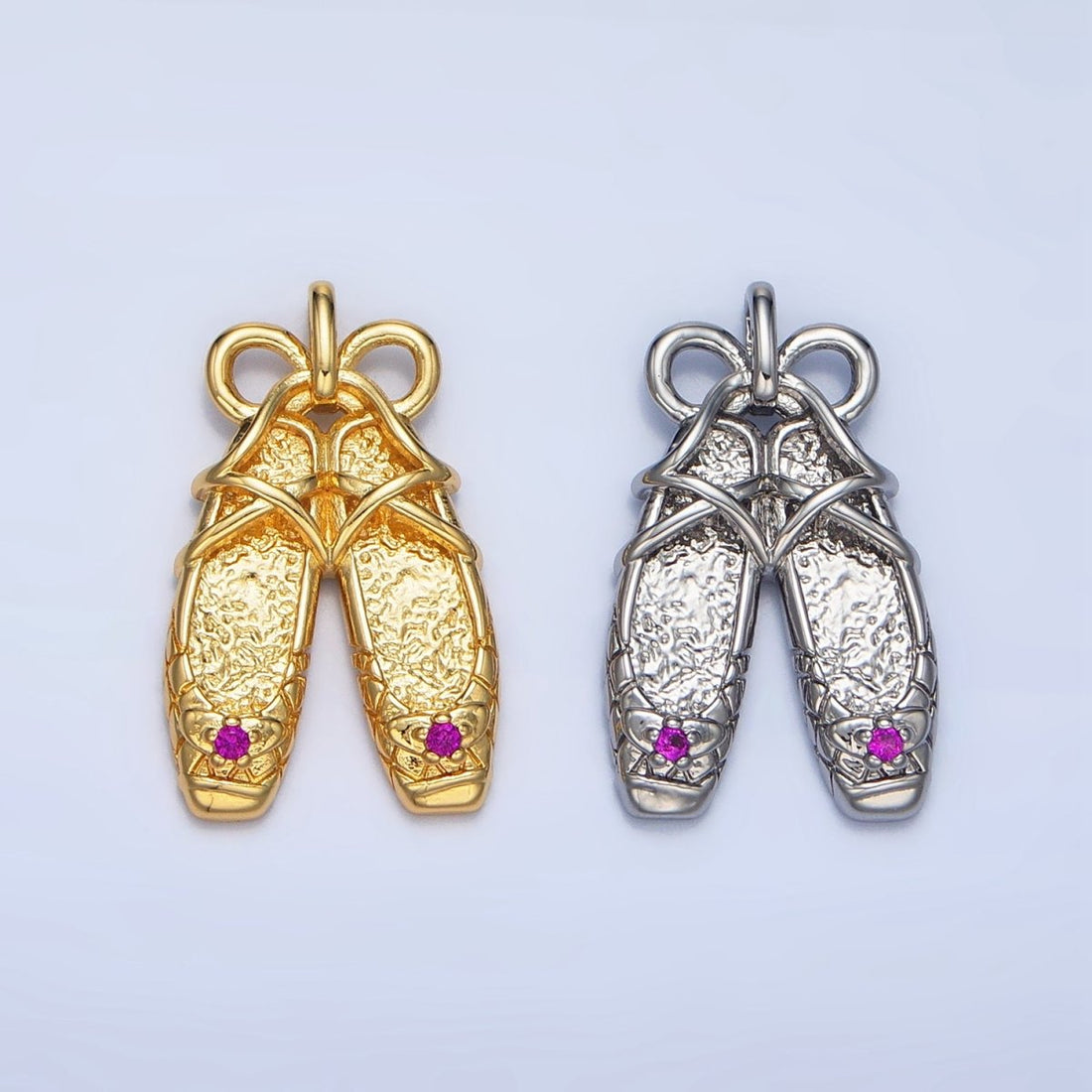 24K Gold Filled Fuchsia CZ Hammered Ribbon Coquette Ballet Dancing Shoes Pendant in Gold &amp; Silver | AA118