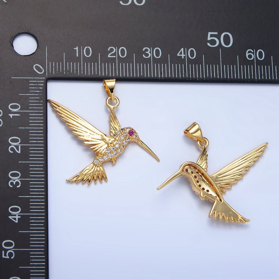 24K Gold Filled Fuchsia Eyed Micro Paved CZ Hummingbird Animal Pendant | AA782