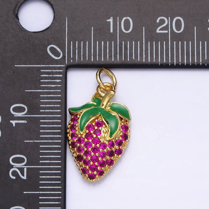 24K Gold Filled Fuchsia Micro Paved CZ Strawberry Fruit Add-On Charm | AA214