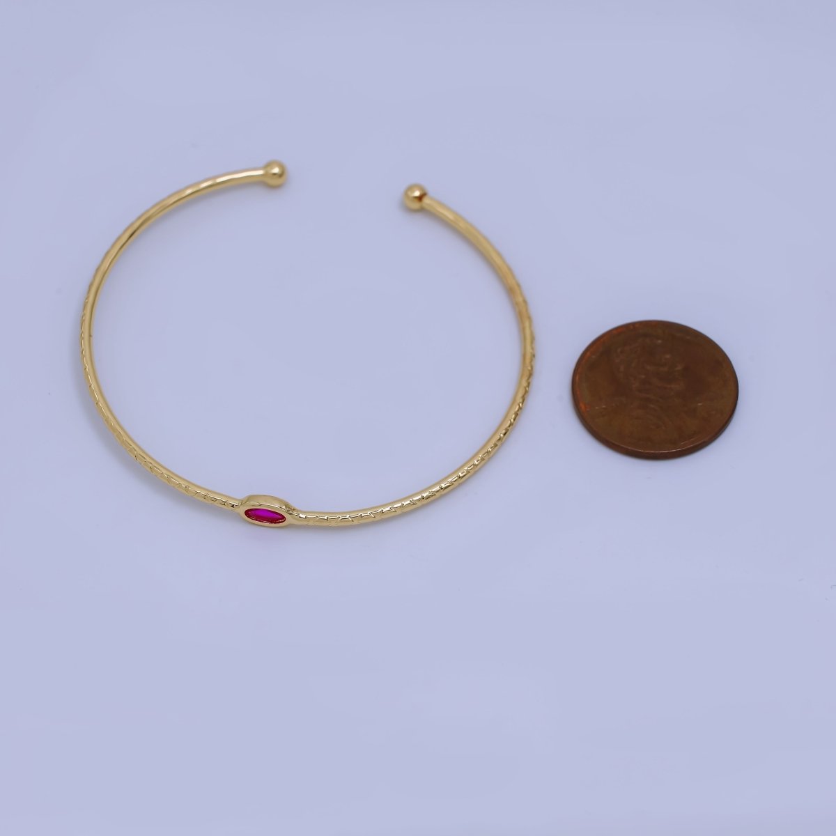 24K Gold Filled Fuchsia Oval CZ Solitaire Thin Line Textured Cuff Bracelet | WA-03321