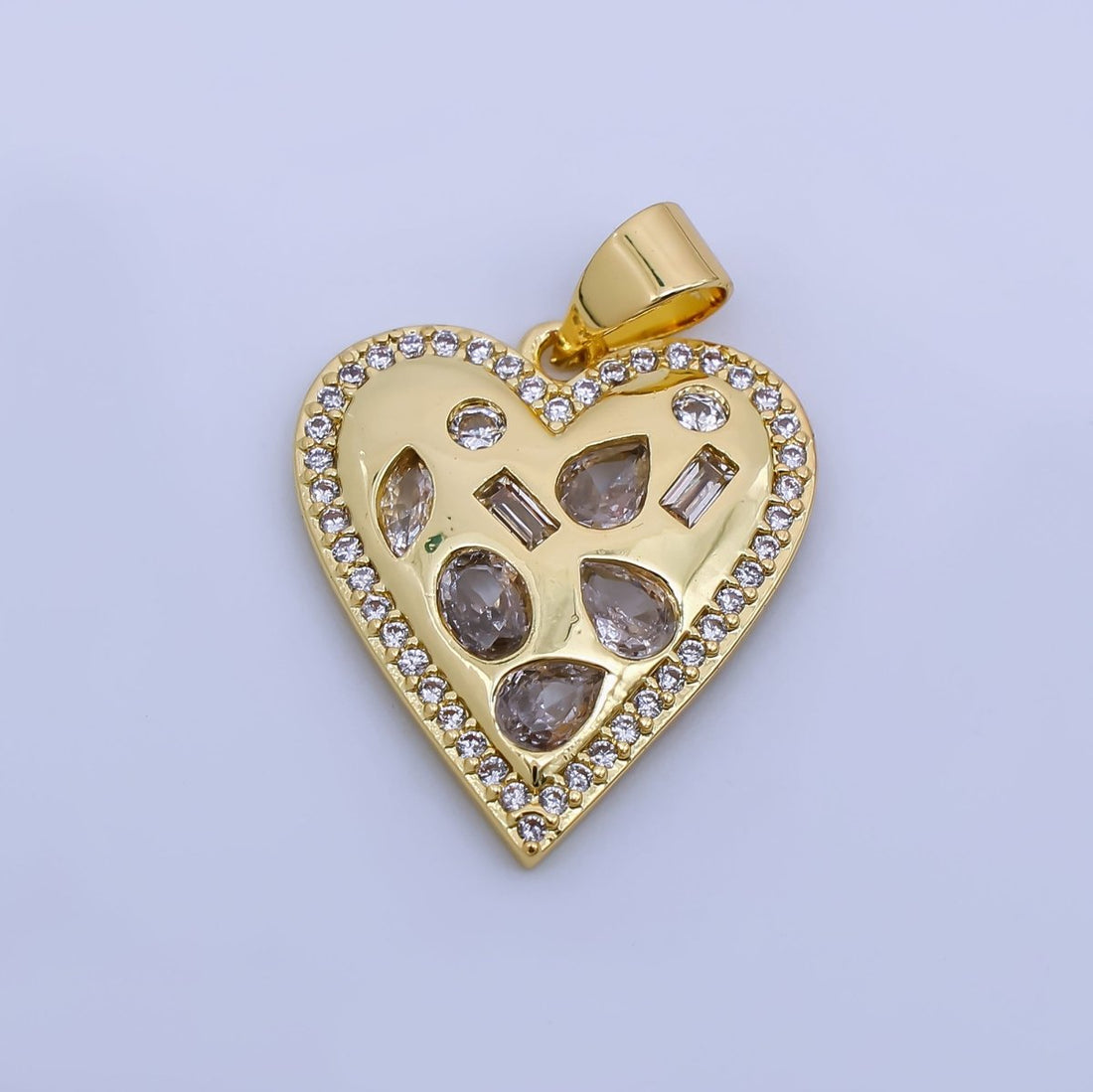 24K Gold Filled Geometric CZ Micro Paved Heart Pendant | AH454