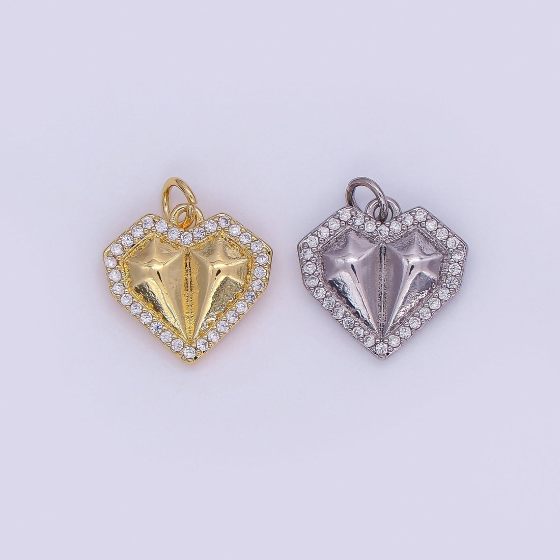 24K Gold Filled Geometric Edged Heart Micro Paved CZ Charm in Gold &amp; Silver | N097