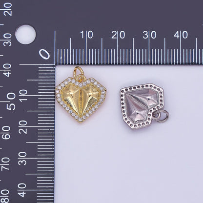 24K Gold Filled Geometric Edged Heart Micro Paved CZ Charm in Gold &amp; Silver | N097