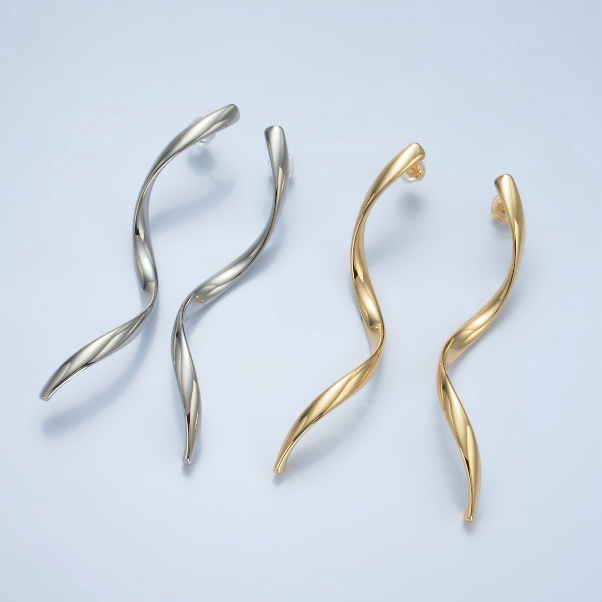 24K Gold Filled 72mm Geometric Wavy Stud Earrings in Gold &amp; Silver | AD600 AD601