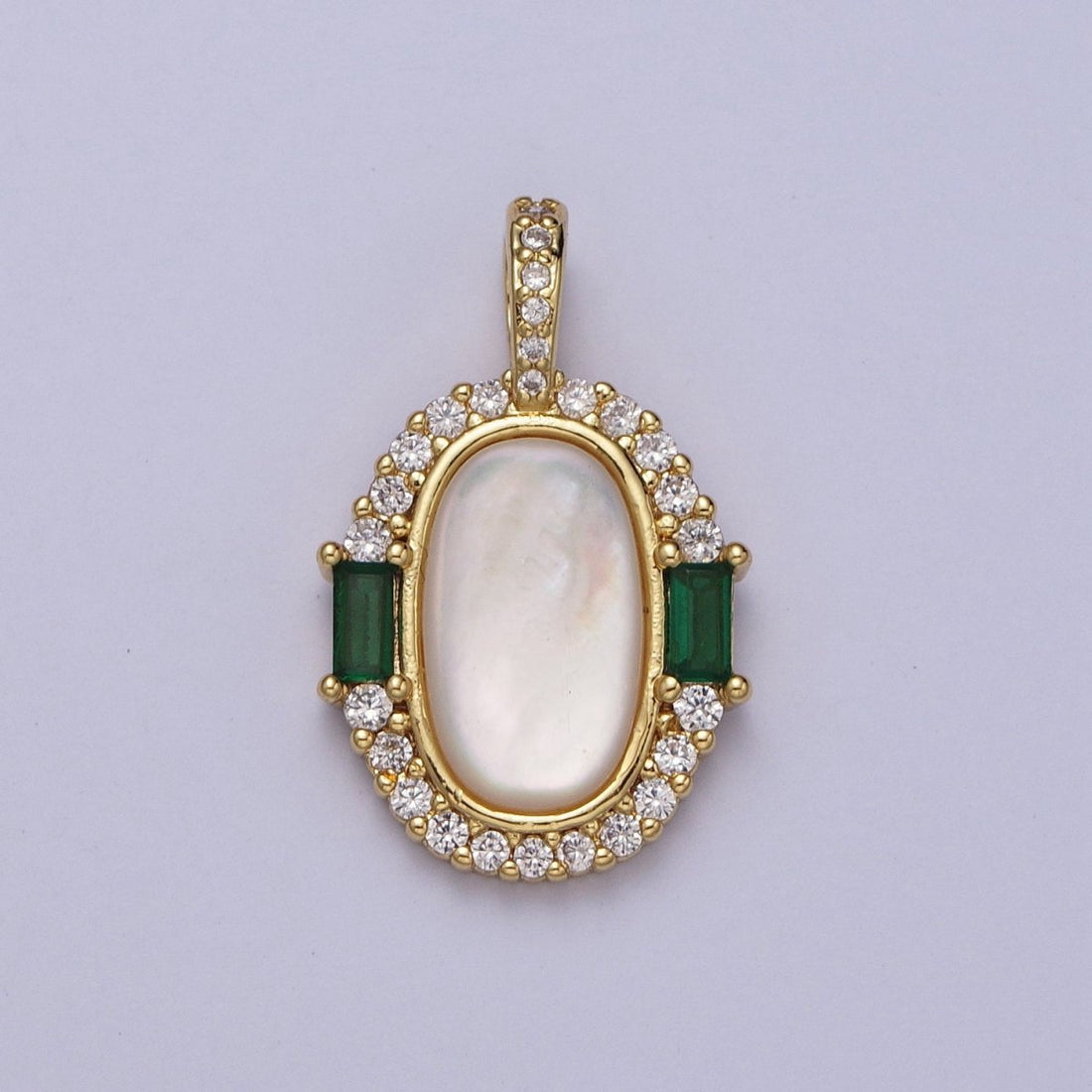 24K Gold Filled Glossy Shell Pearl Green Baguette Micro Paved CZ Pendant H-396