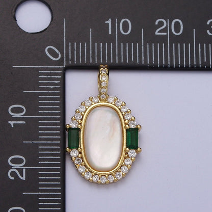 24K Gold Filled Glossy Shell Pearl Green Baguette Micro Paved CZ Pendant H-396