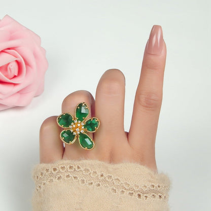 24K Gold Filled Green Acrylic Micro Paved CZ Daisy Flower Ring | O1411