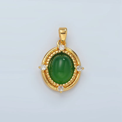 24k Gold Filled Green Aventurine CZ Bezel Oval Pendant | H908