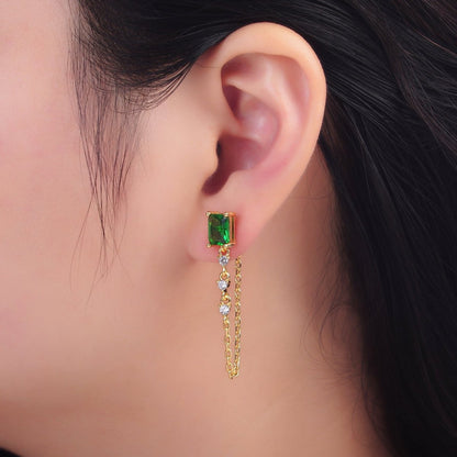 24K Gold Filled Green Baguette CZ Chain Drop Stud Earrings | Q531