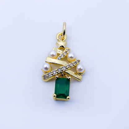 24K Gold Filled Green Baguette CZ Micro Paved Shell Pearl Christmas Tree Charm in Gold &amp; Silver | C940