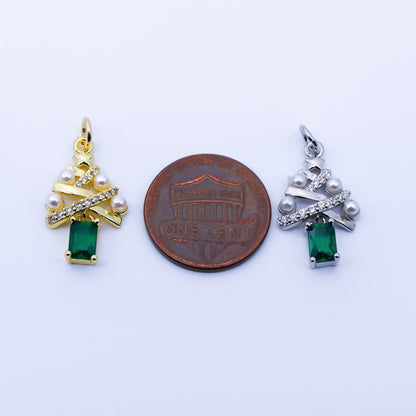 24K Gold Filled Green Baguette CZ Micro Paved Shell Pearl Christmas Tree Charm in Gold &amp; Silver | C940