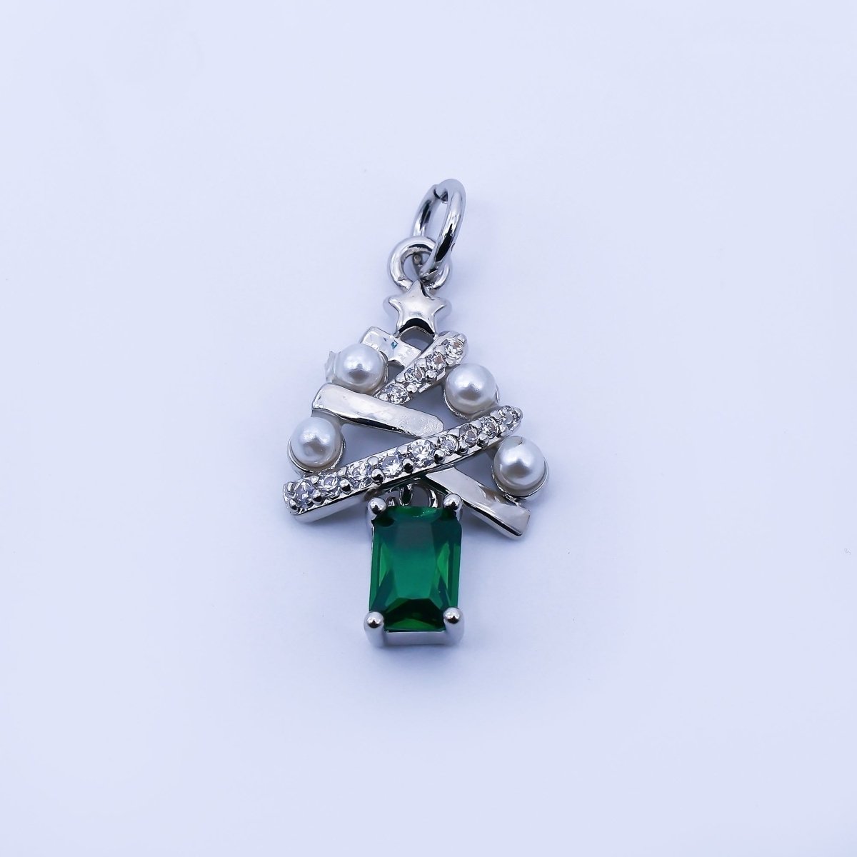 24K Gold Filled Green Baguette CZ Micro Paved Shell Pearl Christmas Tree Charm in Gold &amp; Silver | C940