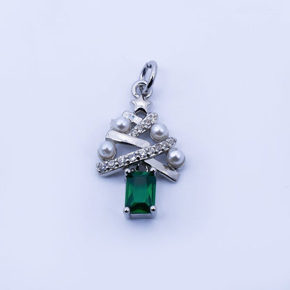 24K Gold Filled Green Baguette CZ Micro Paved Shell Pearl Christmas Tree Charm in Gold &amp; Silver | C940