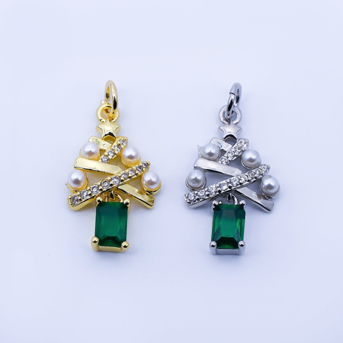 24K Gold Filled Green Baguette CZ Micro Paved Shell Pearl Christmas Tree Charm in Gold &amp; Silver | C940